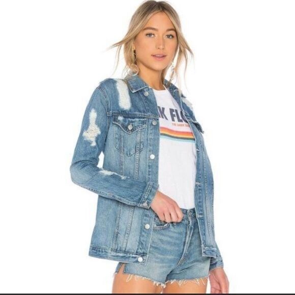 Lovers + Friends Factory Extensive Distressed Ripped Blue Denim Jacket Modern - Picture 2 of 16